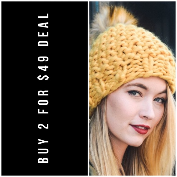 January Summer Accessories - MUSTARD CHUNKY KNIT POMPOM BEANIE